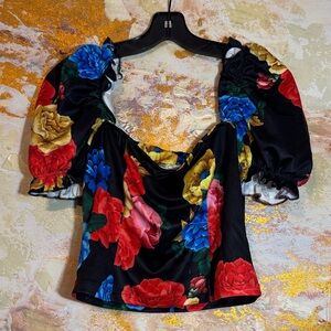 Carmin Floral Puff Sleeve Crop Top - Black, Red, Blue, Yellow